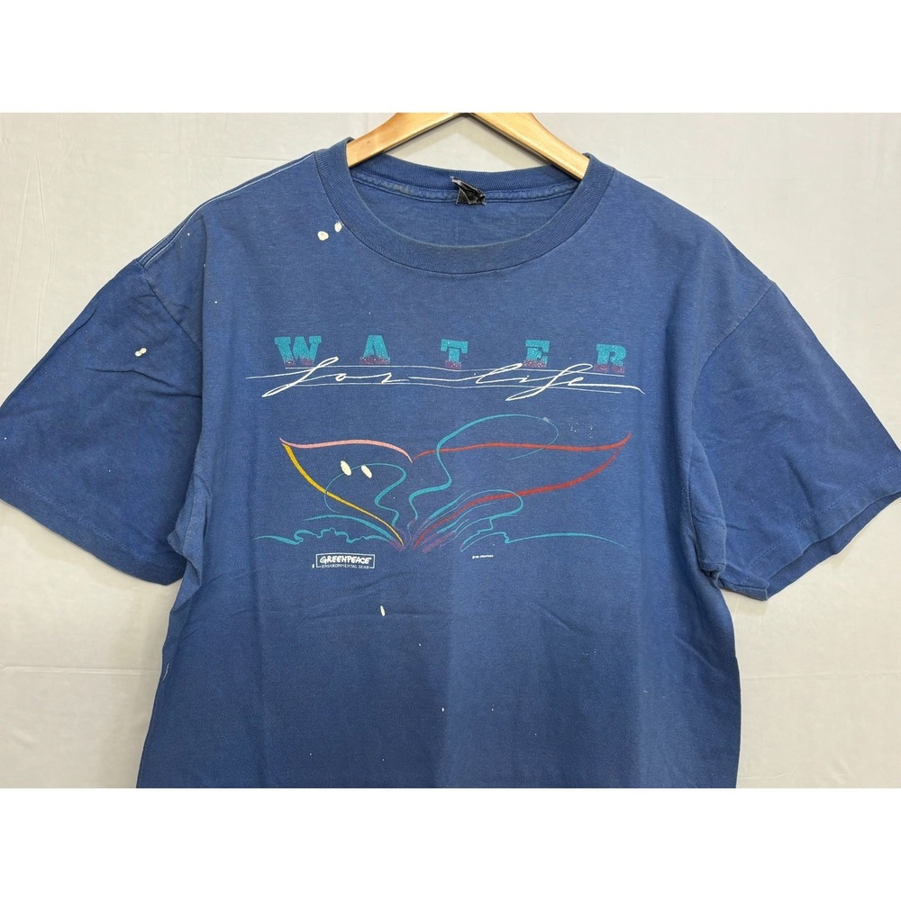 Greenpeace Water for Life T-Shirt Mens Blue Single Stitch Whale Graphic Vintage